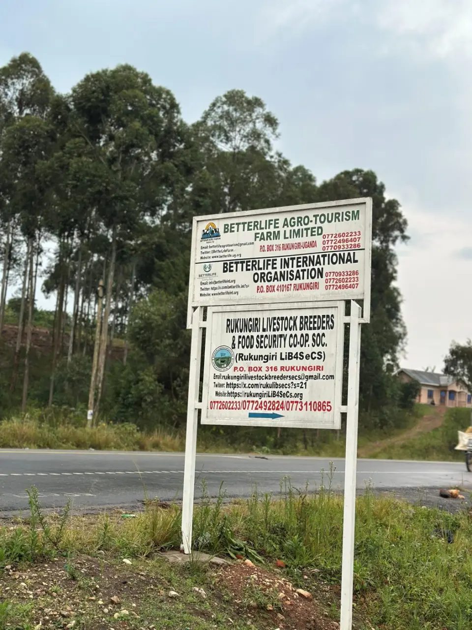The roadside sign for BetterLife Agro-Tourism Farm and BetterLife International Organisation in Rukungiri